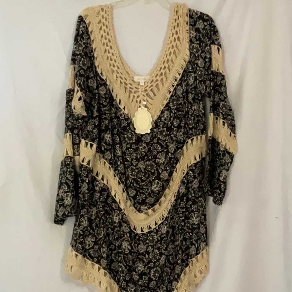 VELZERA Womens Blouse 3XL Black/ Tan crochet Floral Boho